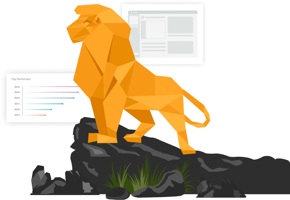 Sevael’s golden geometric lion standing on a rocky summit